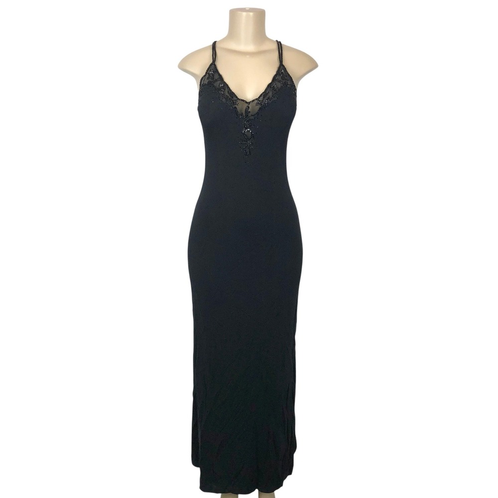 Vintage Rimini Beaded Lace Trim Maxi Formal Evening Gown Size 6 P Y2K 90s Gothic